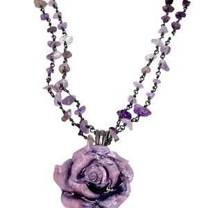 Purple Rose Pendant Necklace with Rosary Chip Chain. Handmade / Artisan